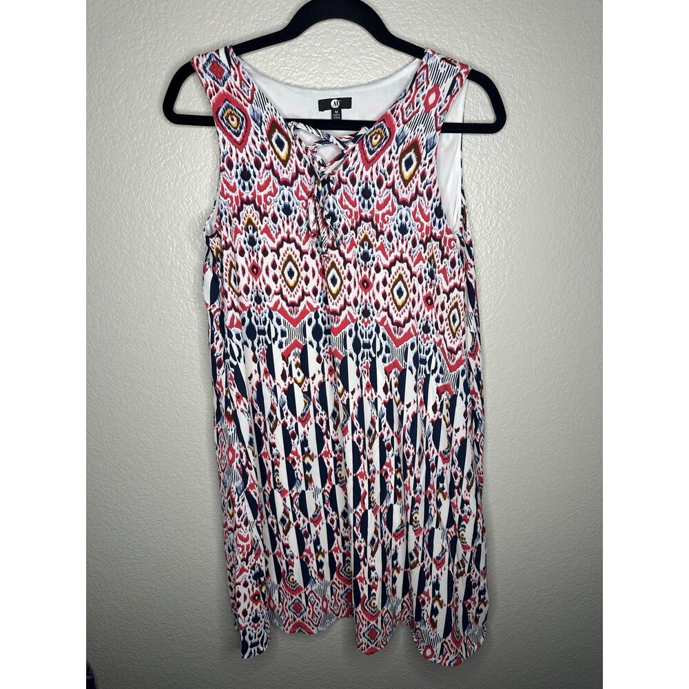 A&I Dress Womens Medium Multicolor Geometric Lace Up Shift Lined Sundress